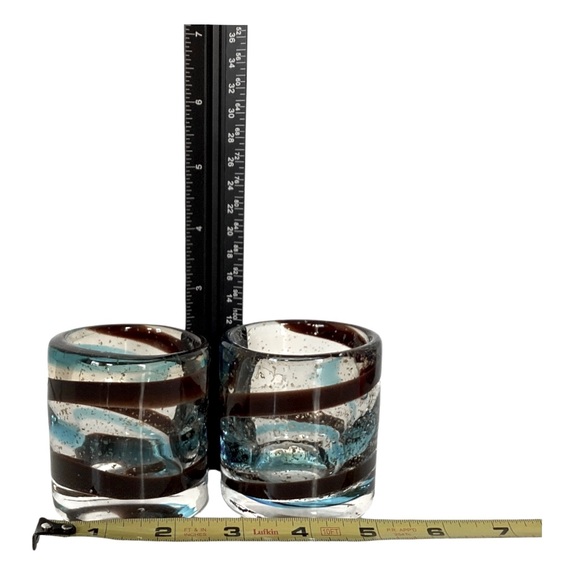 Hand Blown Glass Candle Holders Turquoise And Brown Glass Swirl Pattern Mexico - Picture 15 of 16